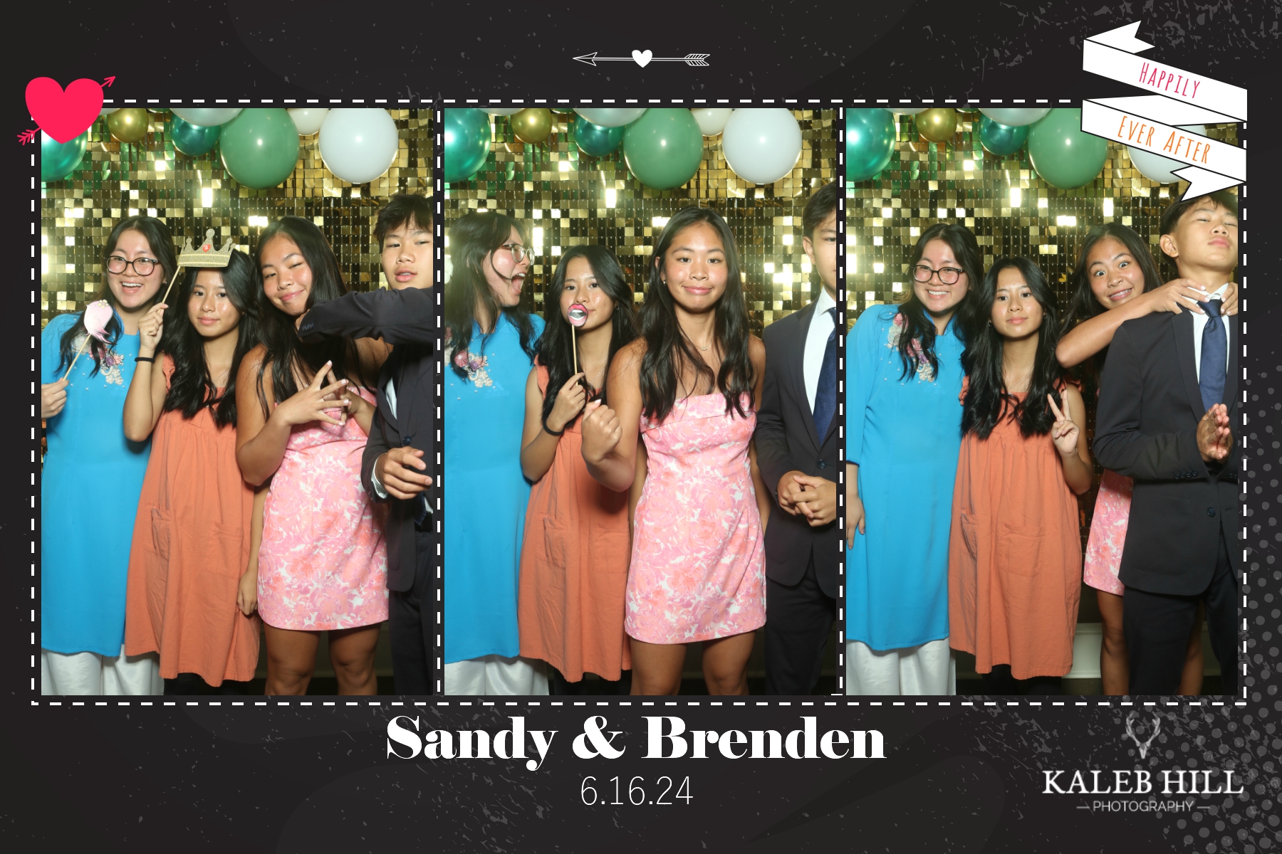 Group of young friends from Kappa Delta posing in multiple fun photo booth strips at semi-formal event – colorful dresses, suits, big smiles, hugs, silly expressions and props on teal blue wooden backdrop, custom branded frame with 'Happily Ever After' ribbon, event name 'Sandy & Brenden' and date 6.16.24 by Kaleb Hill Photography