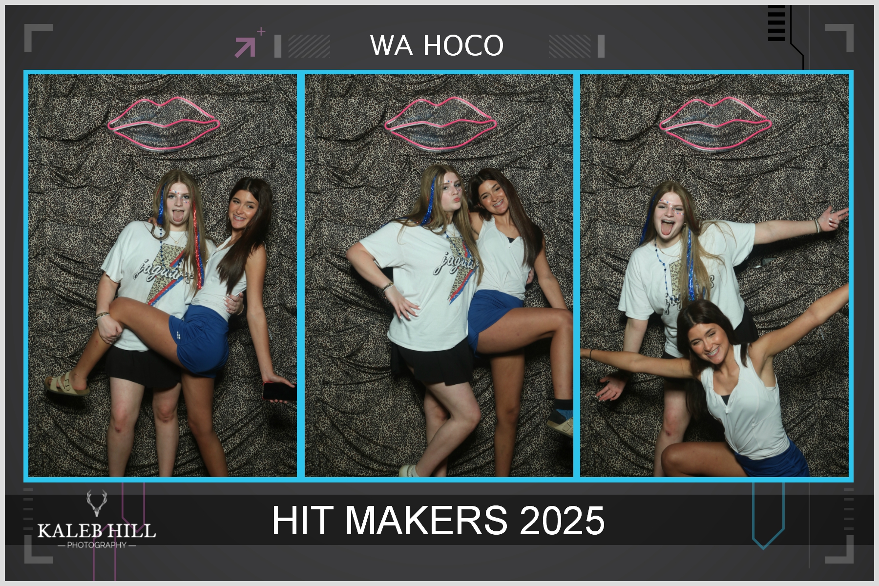 Group of cheerleaders and friends posing in multiple energetic photo booth strips at WA HOCO Hit Makers event 2025 – red/white/blue outfits, pom poms, flags, silly faces, hugs and peace signs on dark backdrop with custom 'Hit Makers 2025' branded frame, leopard sunglasses graphic and Kaleb Hill Photography watermark