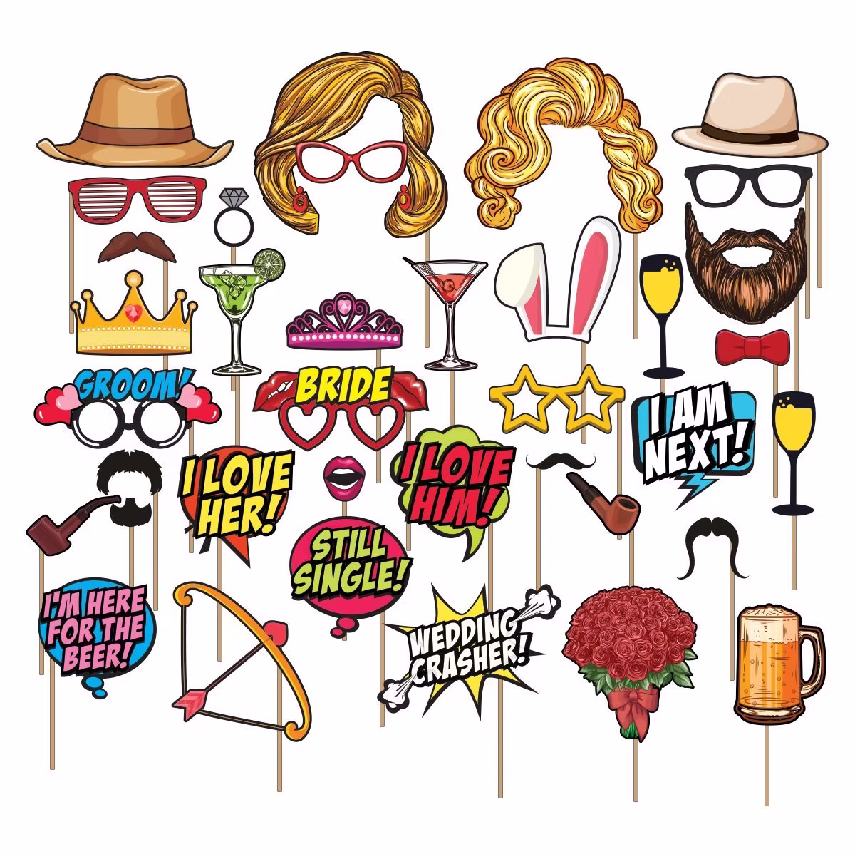 Assortment of colorful cartoon-style photo booth props on sticks – wedding-themed including bride and groom wigs, mustaches, beards, crowns, sunglasses, hearts, lips, champagne glasses, beer mug, bouquet, bow tie, top hat, bunny ears, 'I Love Her/Him', 'Still Single', 'Wedding Crasher', 'Groom/Bride' signs, and more for fun group photos at events