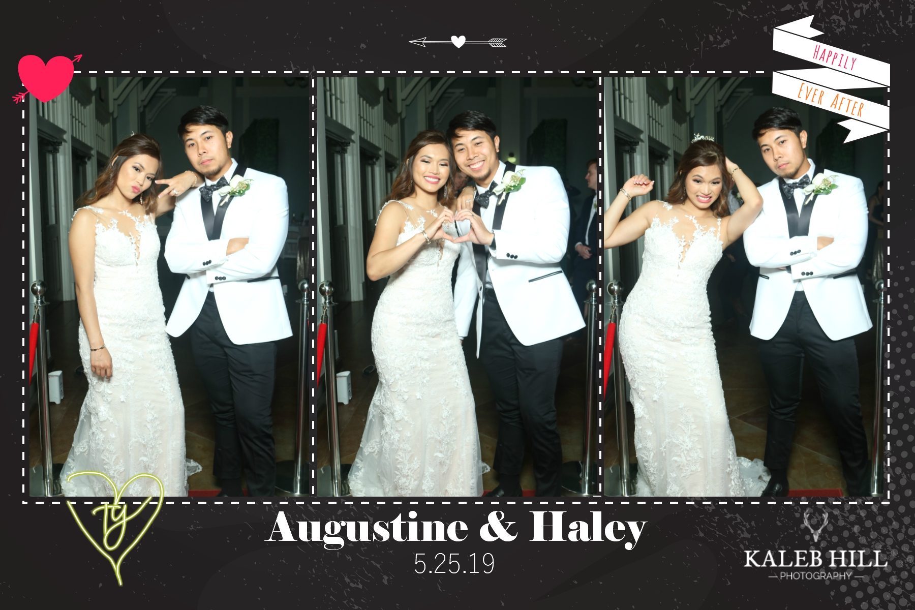 Elegant bride and groom posing playfully in a wedding photo booth during Mississippi reception celebration