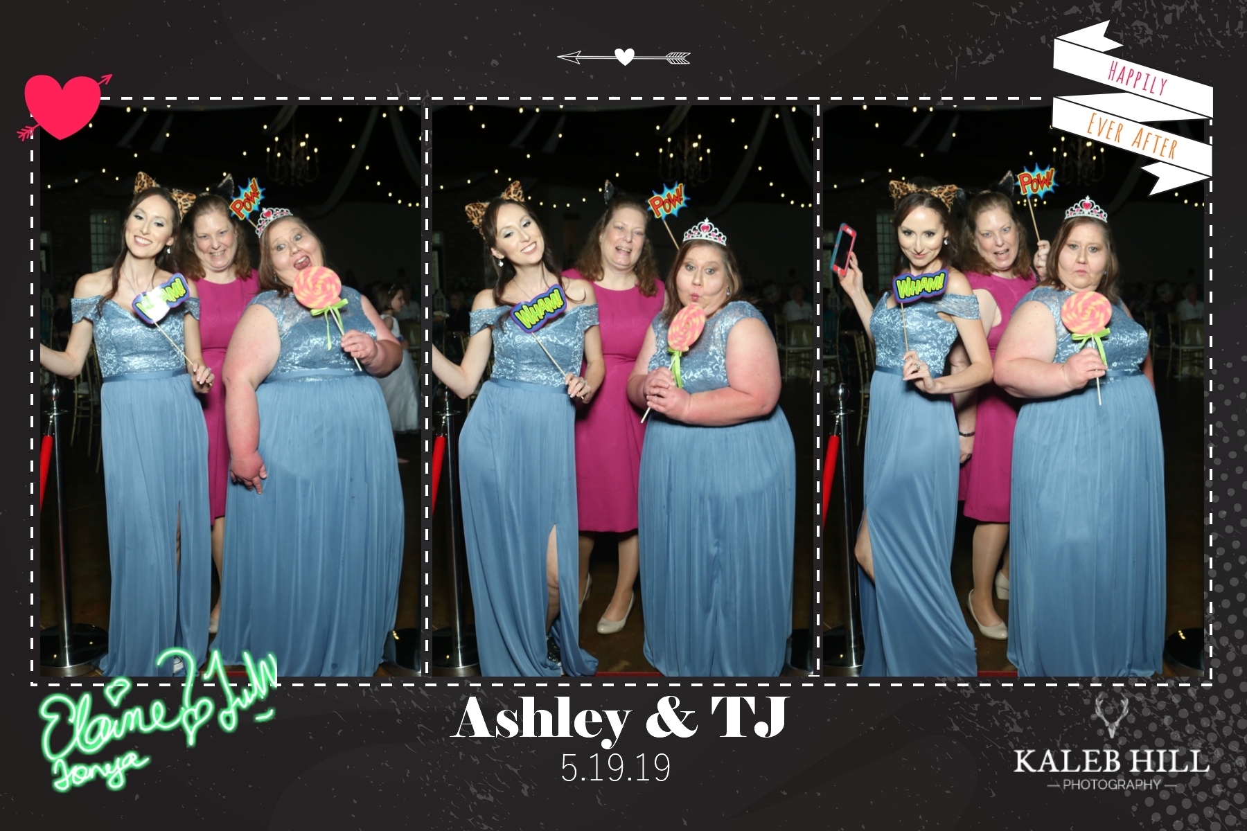 Bridesmaids and wedding guests laughing with playful photo booth props at elegant evening wedding reception