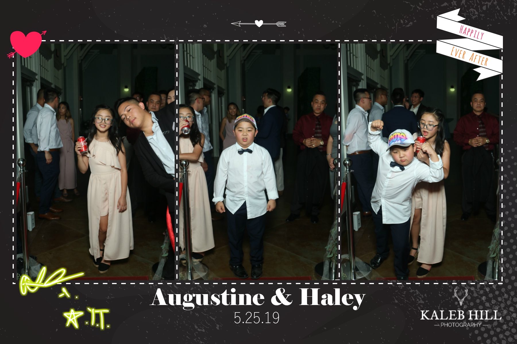 Children posing with hats and sunglasses at fun wedding photo booth during family reception celebration