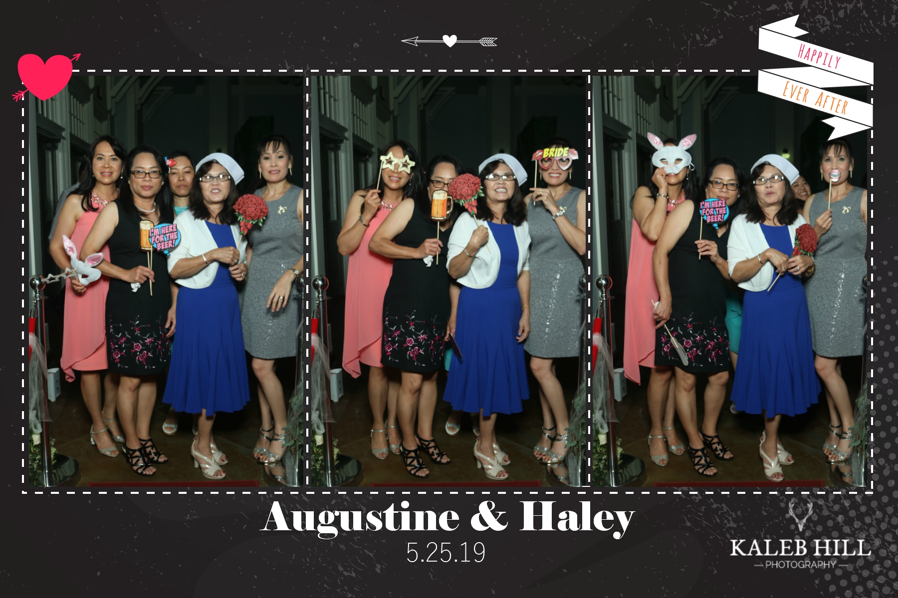Family members and wedding guests using playful props at indoor wedding photo booth celebration