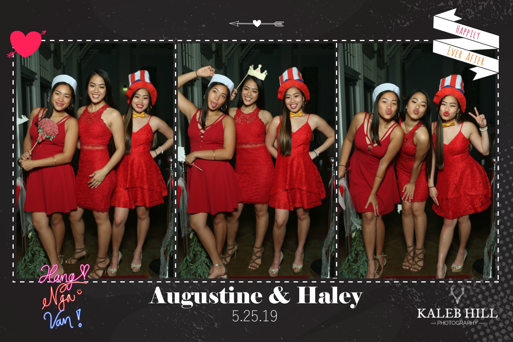 Bridesmaids in matching red dresses posing with fun props at stylish wedding reception photo booth