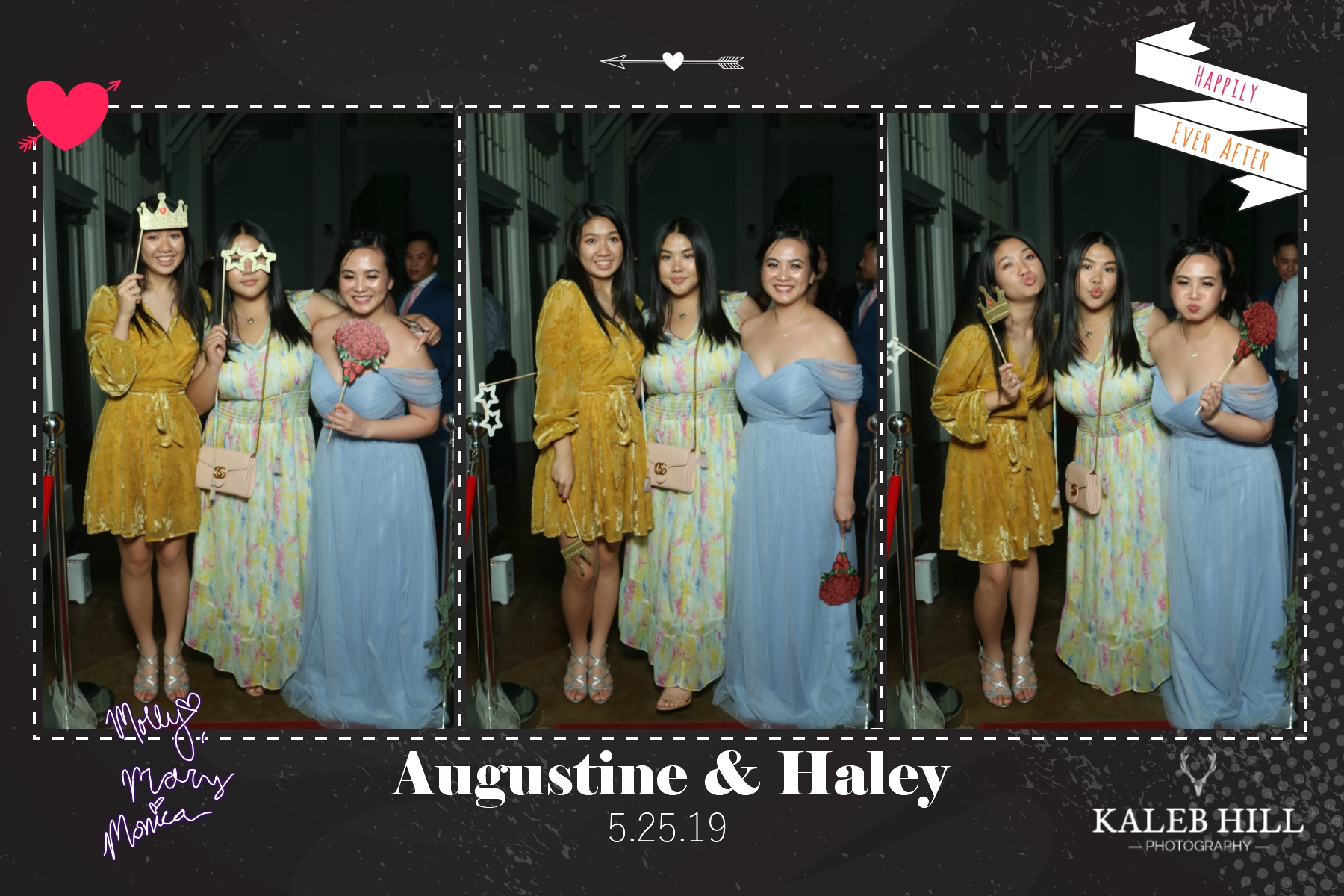 Bridesmaids and friends smiling together in elegant wedding reception photo booth portraits