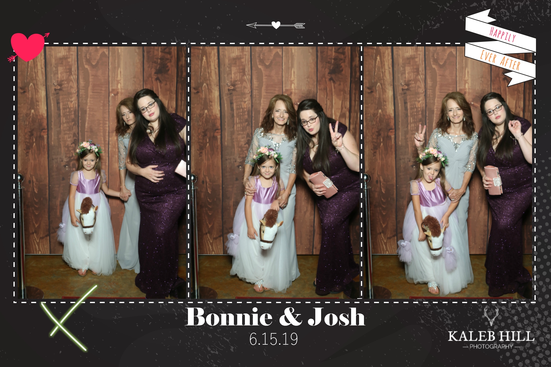 Mother, daughter, and flower girl posing together in rustic wedding photo booth portrait session