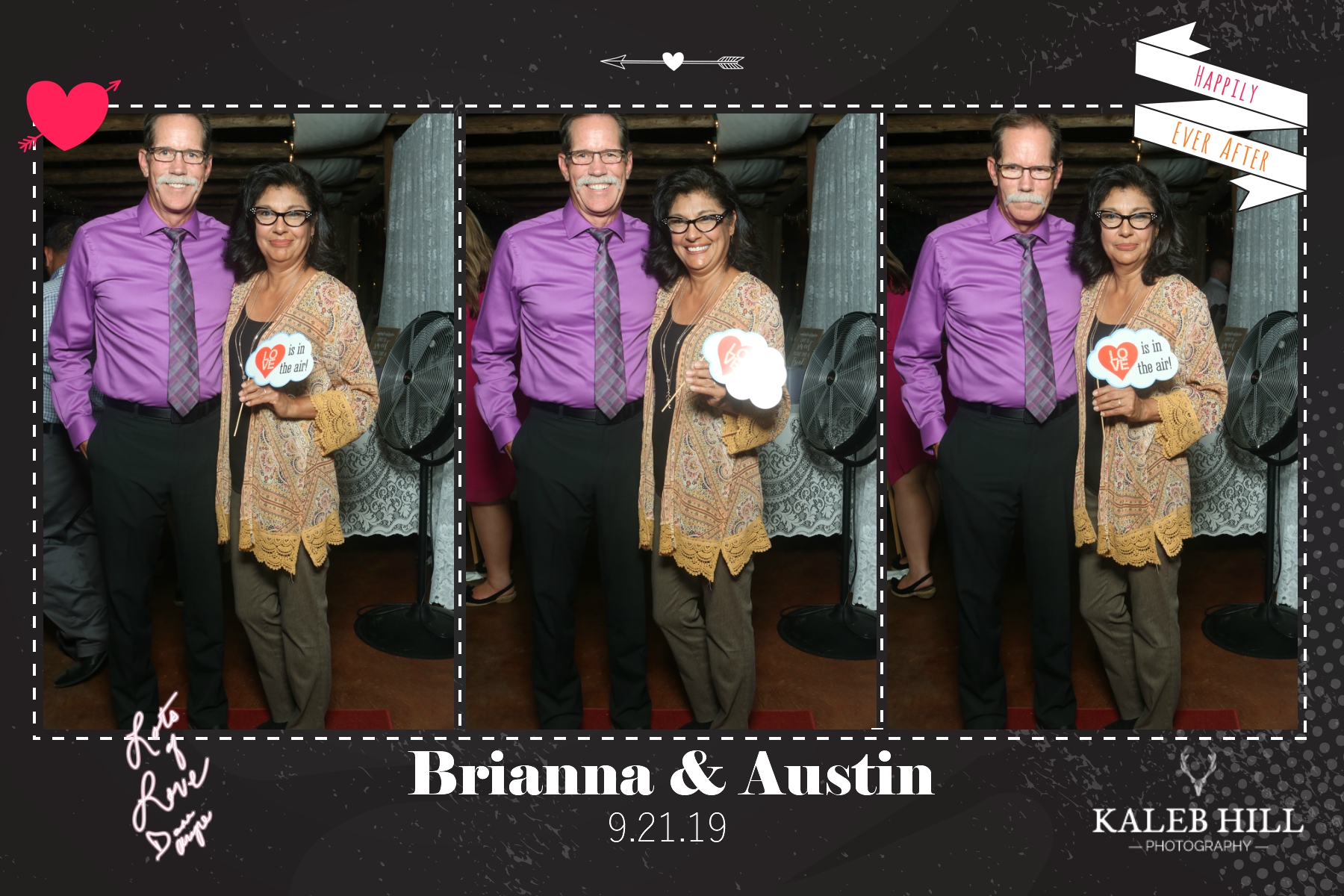 Formal event guest portrait featuring branded photo booth experience.