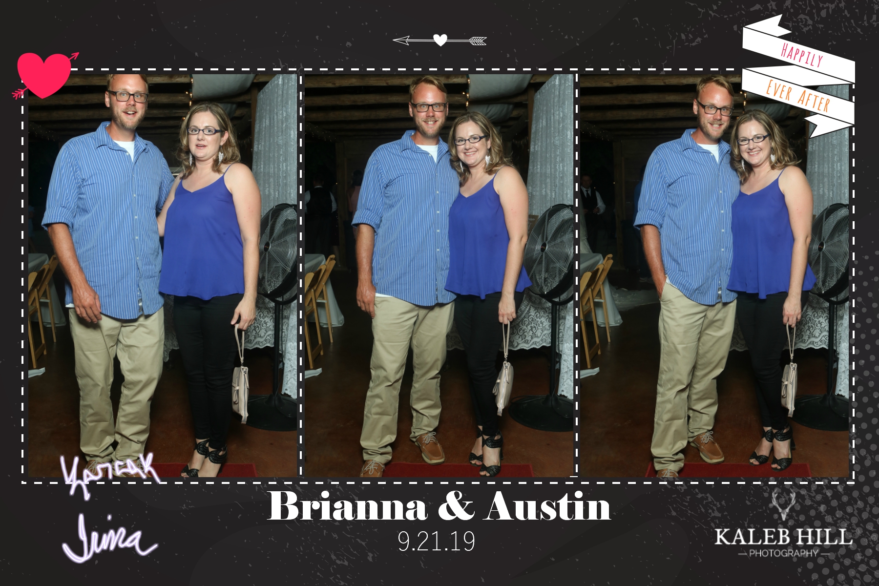 Corporate networking event photo booth portrait with branded backdrop.