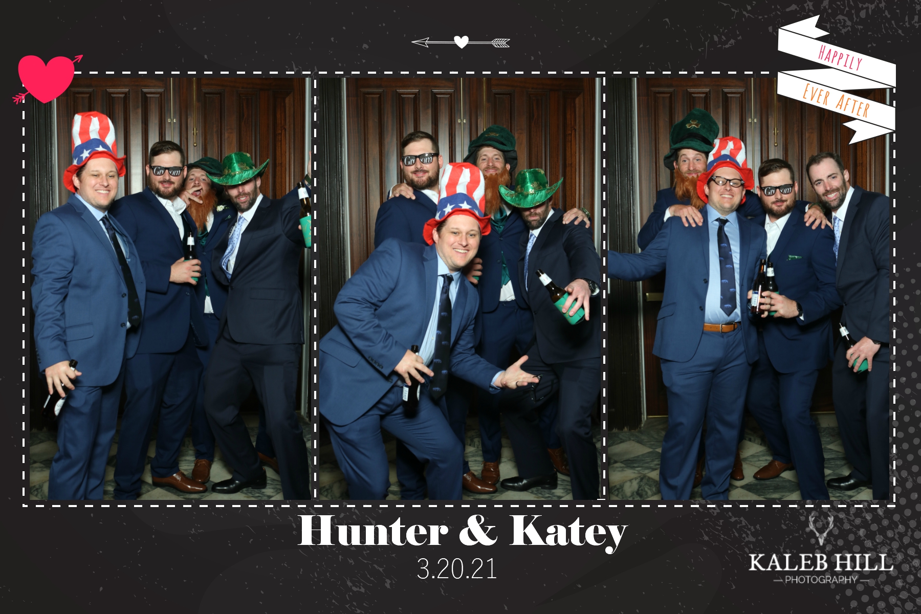 Corporate party group photo with interactive event props and branded overlay.