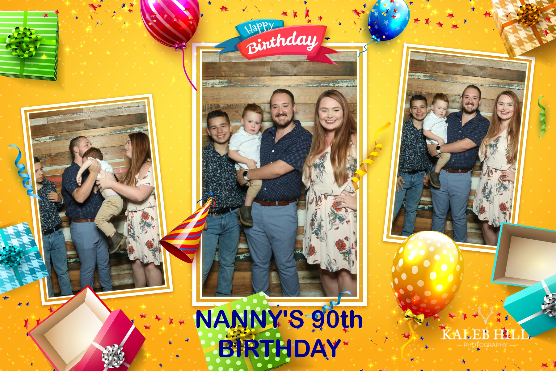 Birthday party photo booth print template featuring family portrait session with custom celebration graphics and balloons.