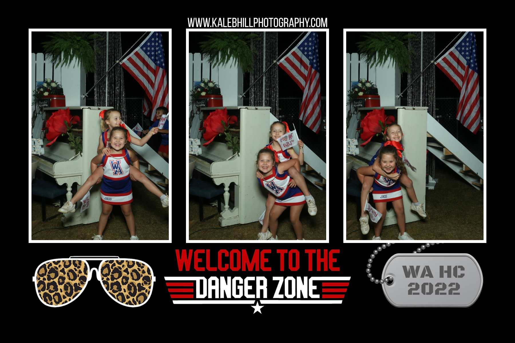 Children’s event photo booth print featuring cheer uniforms, themed party graphics, and candid poses.