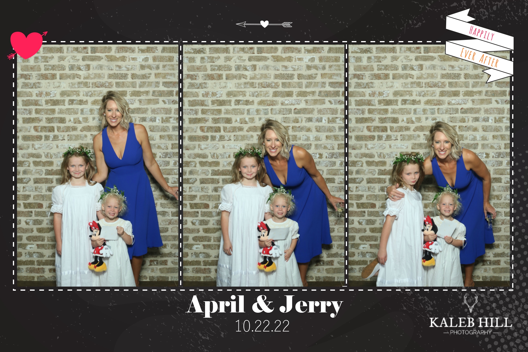 Wedding reception family photo booth session with custom branded template and formal event backdrop.