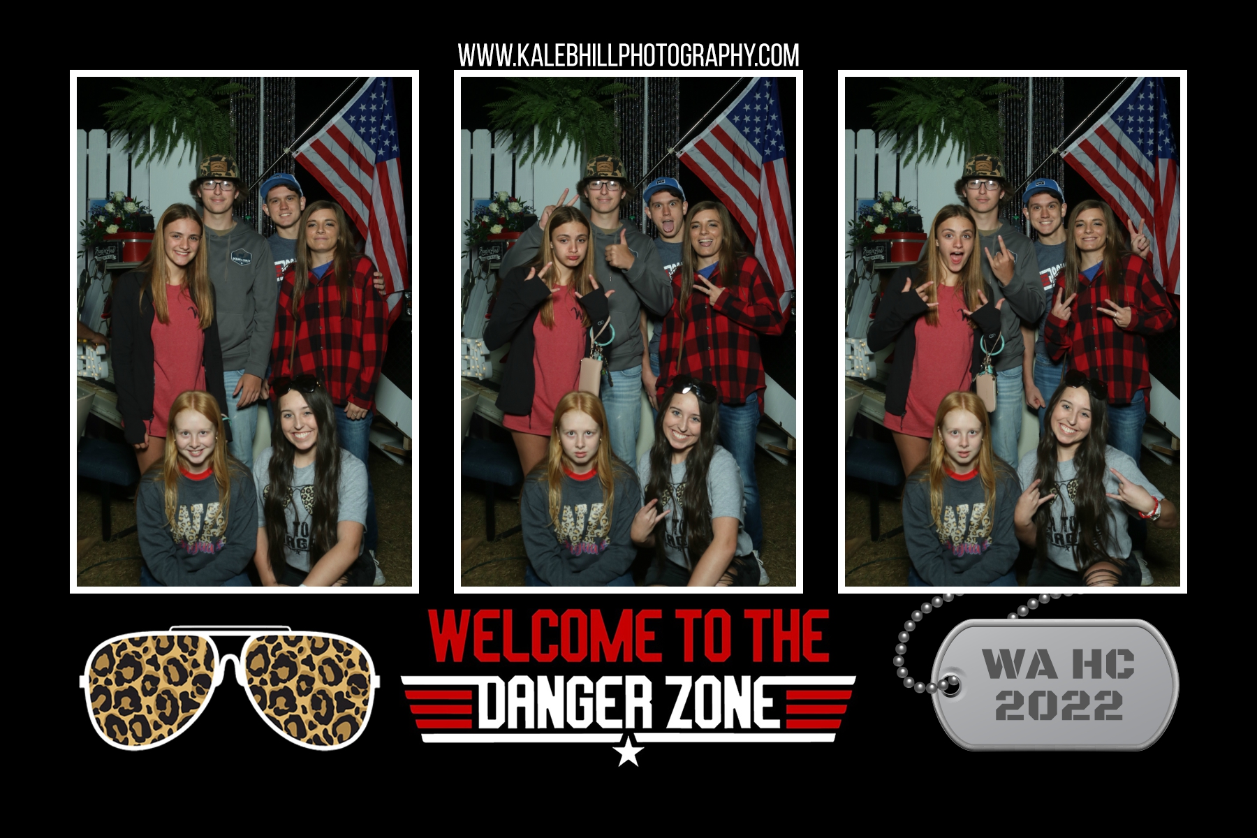 Party photo booth rental print layout with patriotic event theme and multi-person group portraits.