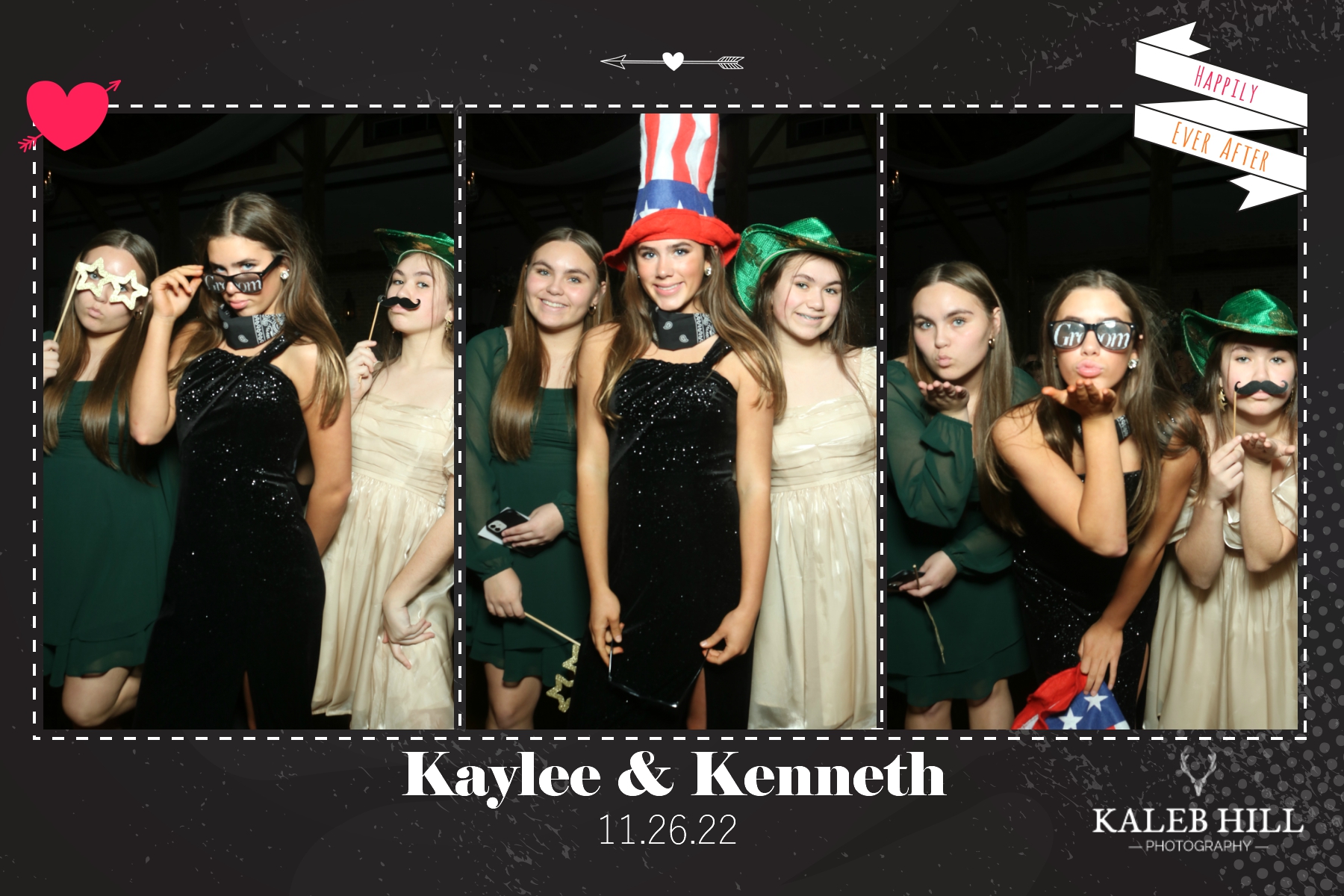 Wedding guest group photo booth experience featuring themed props, playful poses, and event keepsake template.
