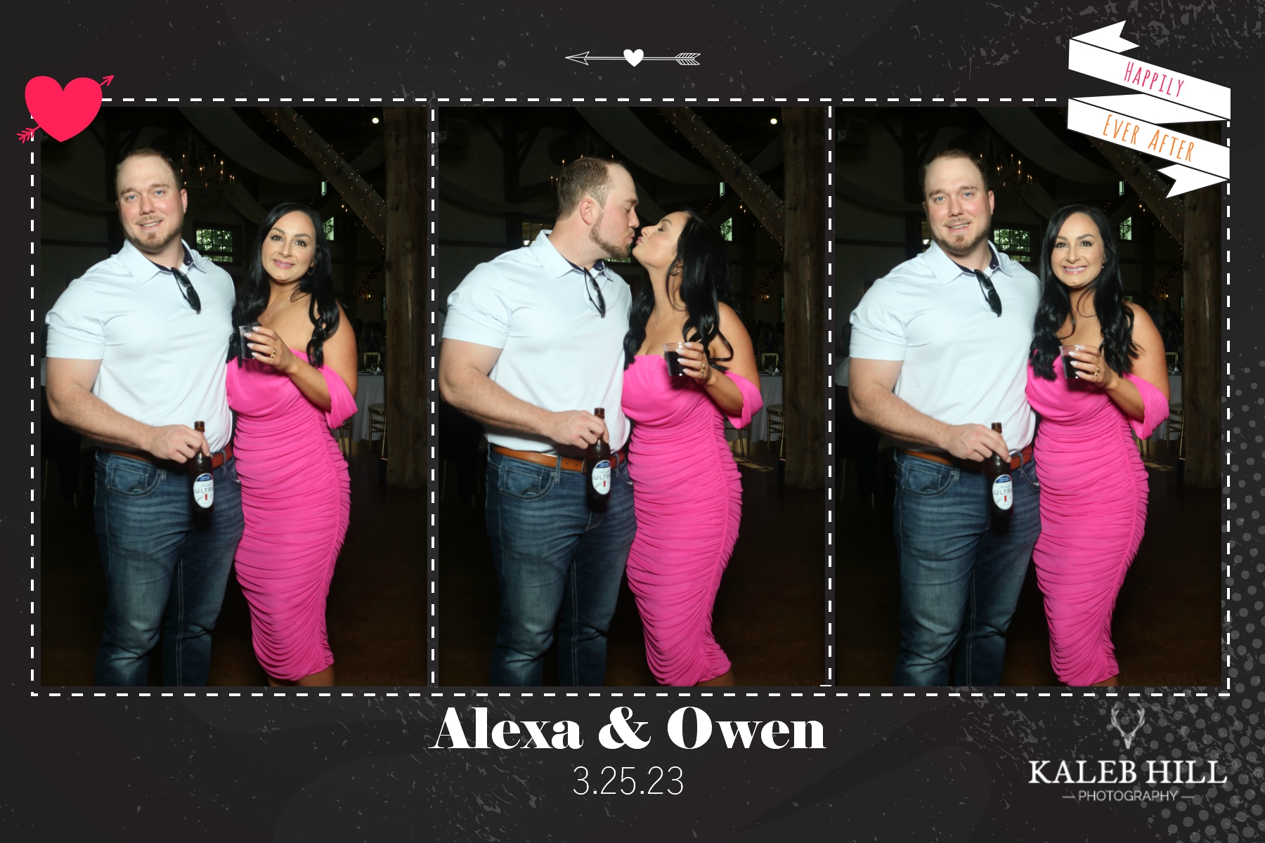 Couple portrait photo booth strip at wedding reception with romantic candid pose and premium event layout.