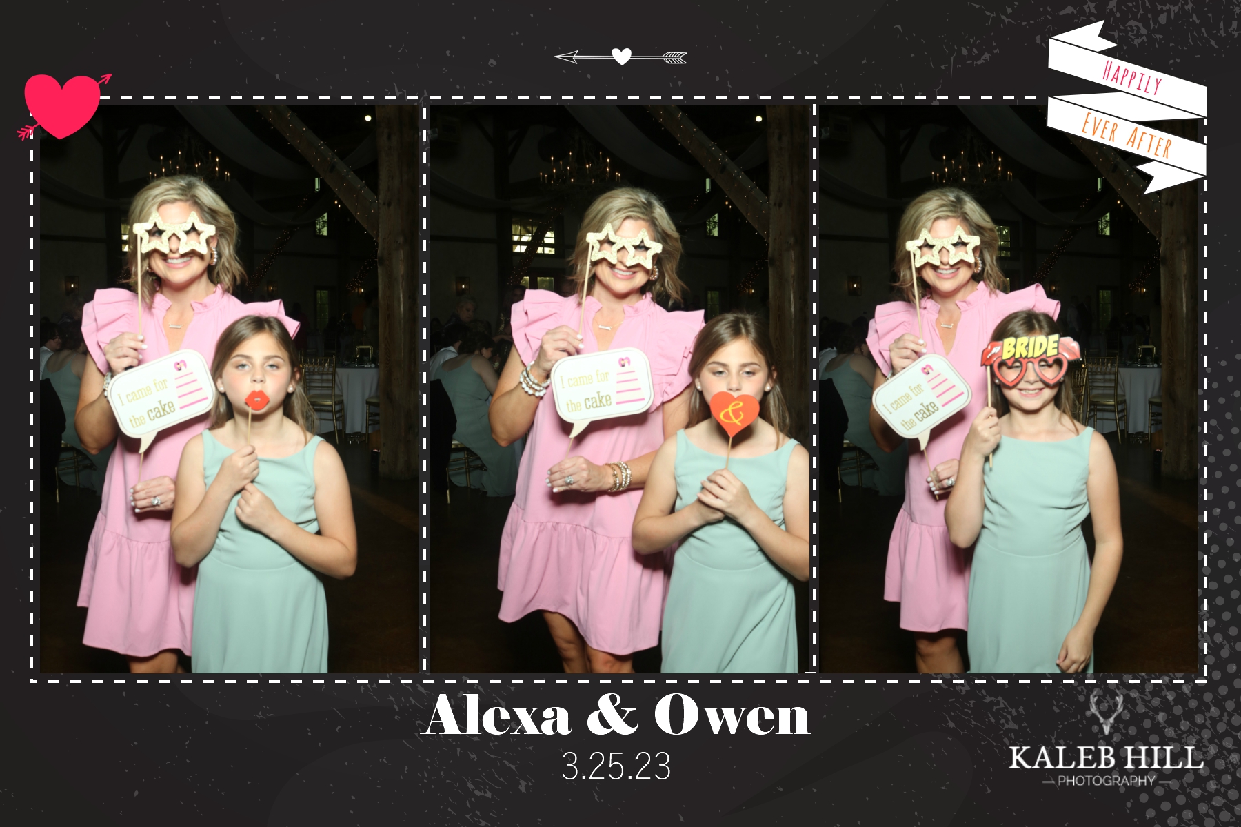 Wedding reception photo booth collage featuring guests using themed party props and custom event branding.