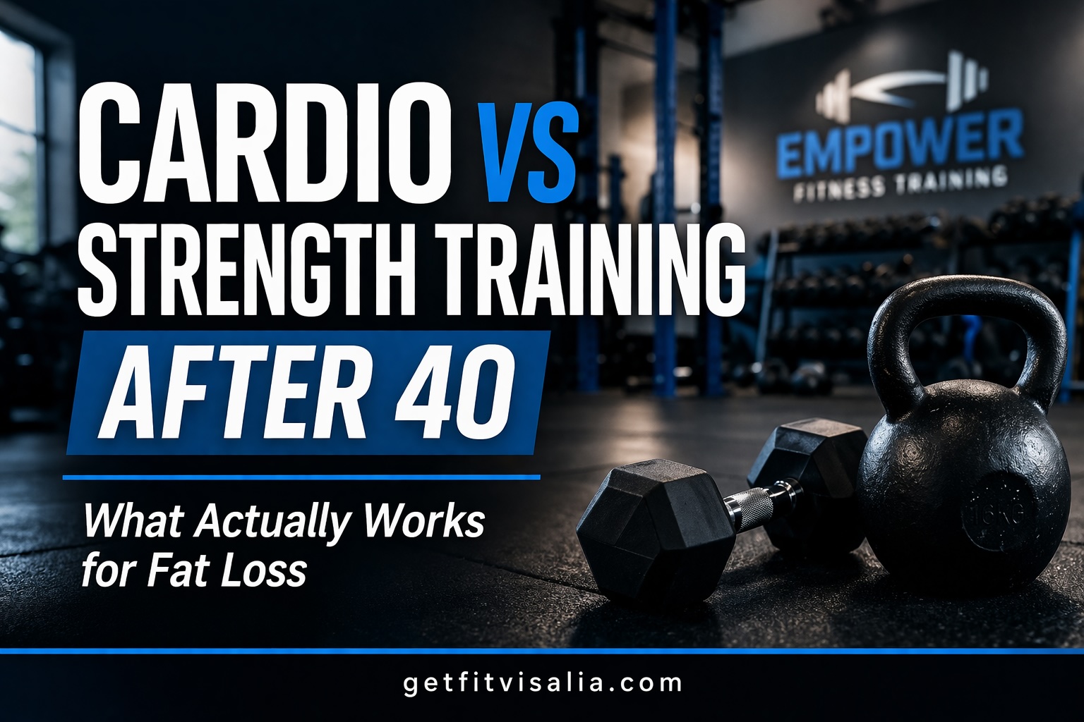 Personal training studio in Visalia with kettlebell and dumbbells showing cardio vs strength training after 40 for fat loss