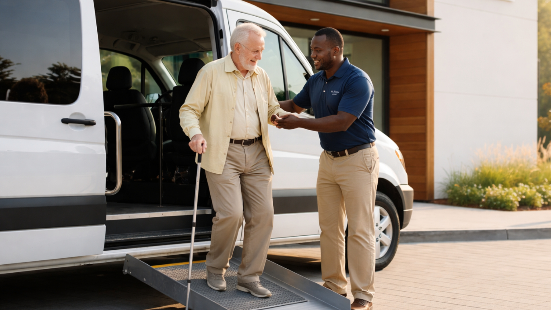 Professional NEMT driver smiling and assisting a senior passenger into a vehicle