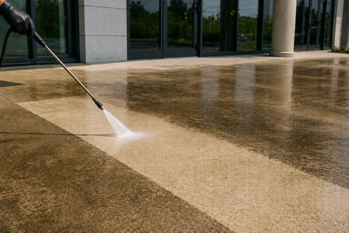 Dirty commercial sidewalk and entry area before pressure washing