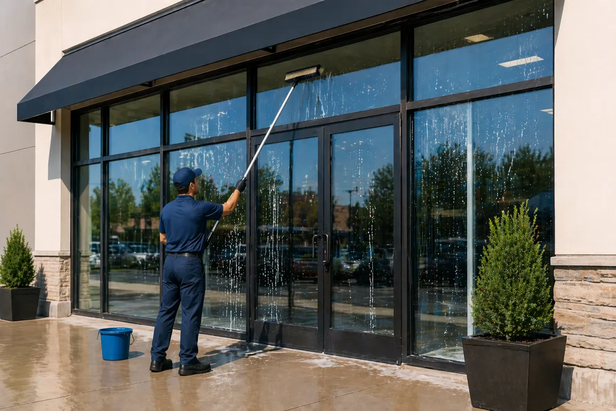 Commercial pressure washing results on storefront and concrete