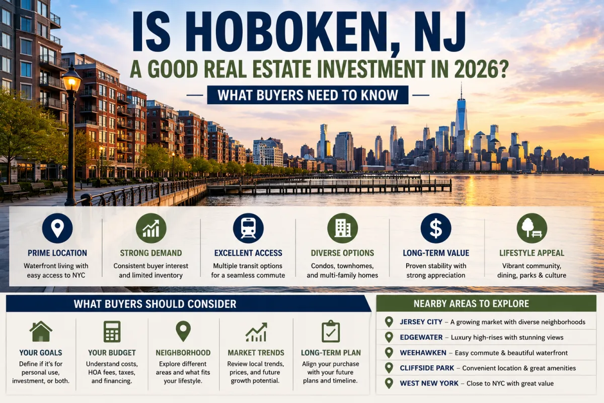 Waterfront residential properties in Hoboken, NJ with Manhattan skyline views showcasing real estate investment opportunities in 2026.