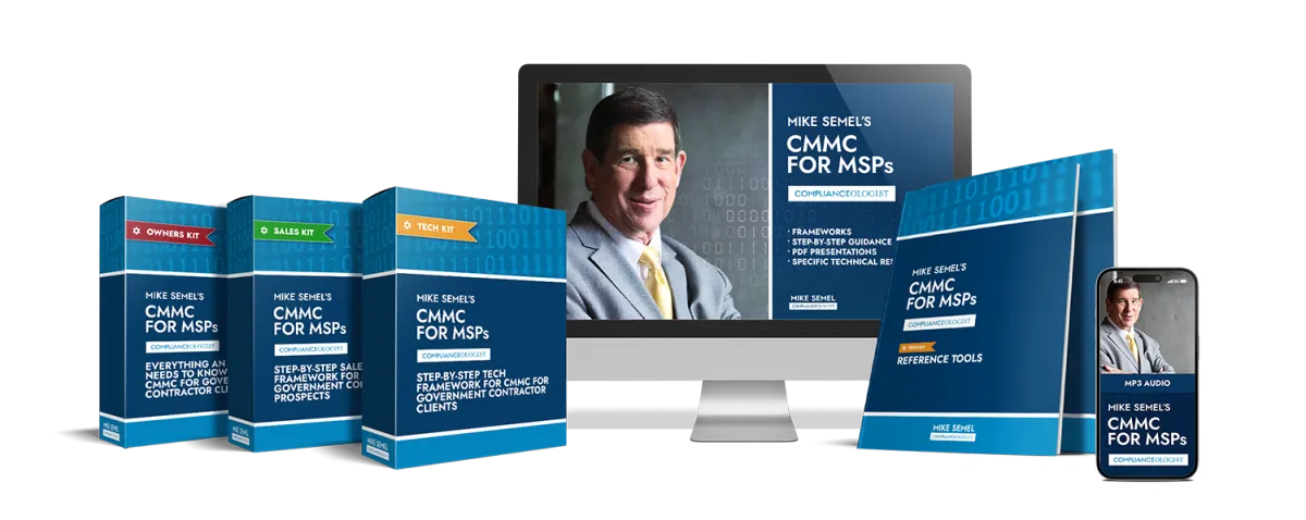A CMMC for MSPs product spread with a computer screen, boxes, and handouts showing the product contents. 