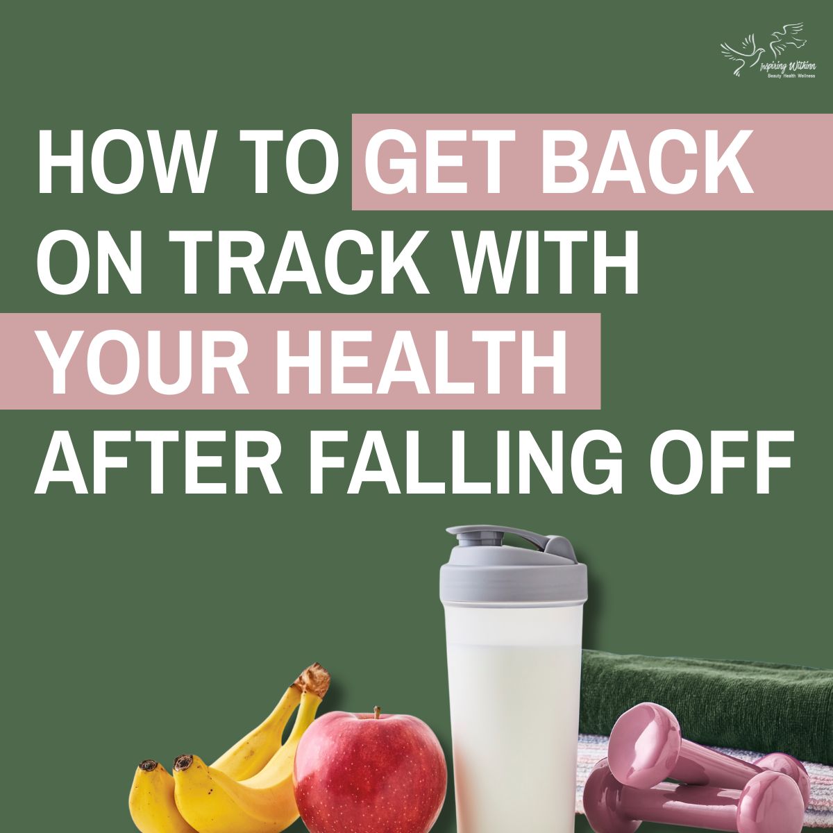 Items for a healthy lifestyle like blender bottle, fruit, weights, and workout towels