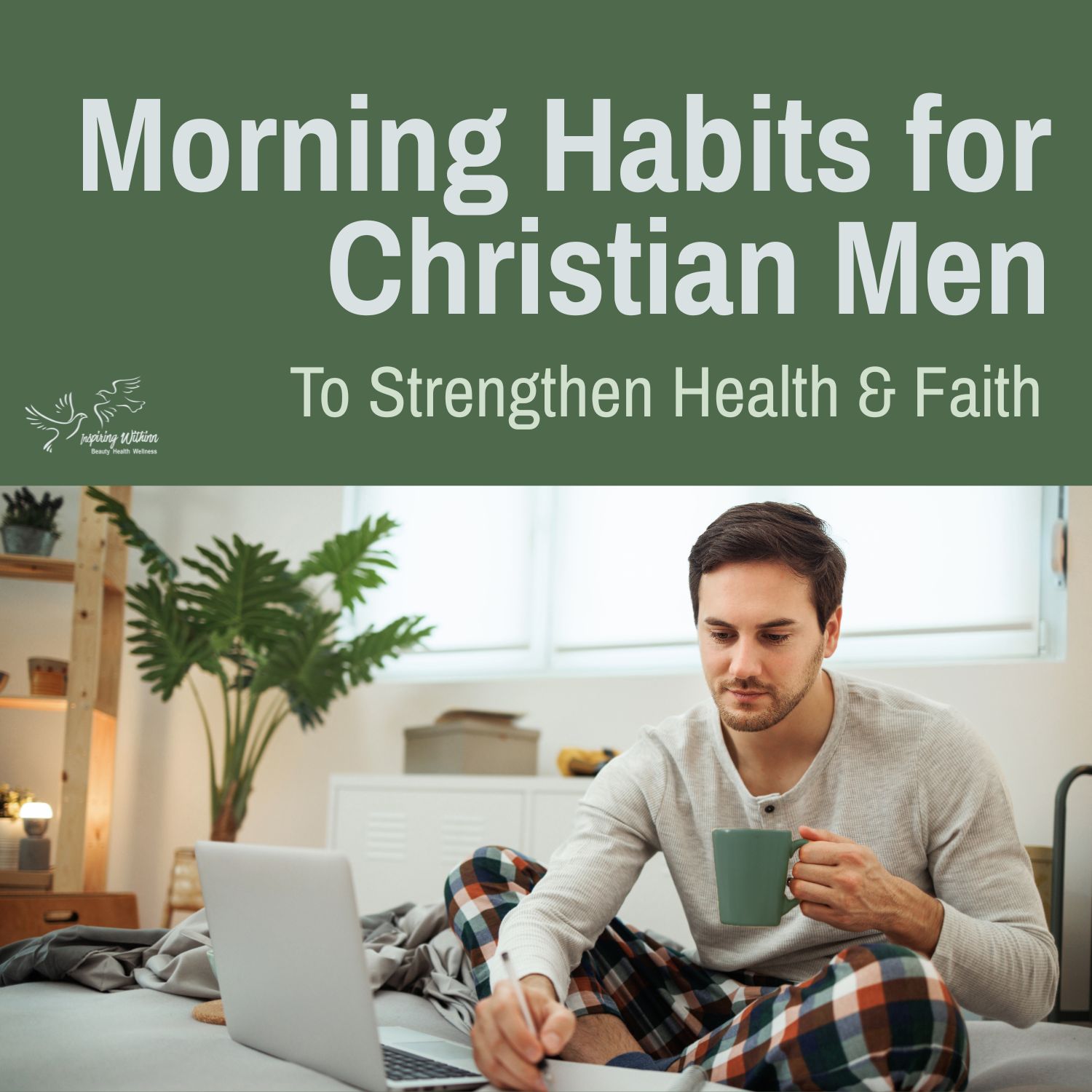 Man sitting on a bed with a coffee mug and notebook as part of a Christian morning routine