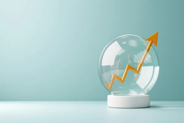 A golden arrow graph showing an upward trend inside a clear glass sphere on a white base against a light blue background.