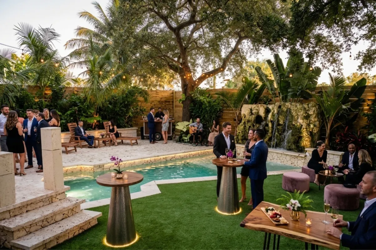 Peaceful coral stone waterfall and lagoon for weddings and events in Miami Florida.