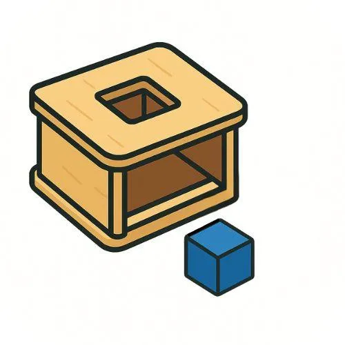 Wooden Montessori object permanence box with blue cube icon for Infant-Toddler Program ages 0-3