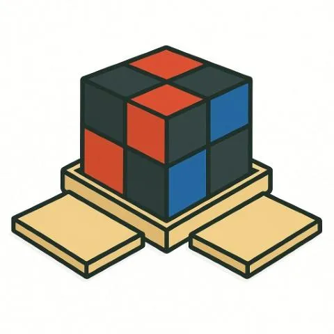 Montessori binomial cube with red blue and wooden blocks icon for Early Childhood Program ages 3-6 including kindergarten