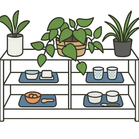 Montessori classroom shelf with activity trays and plants in a prepared learning environment.
