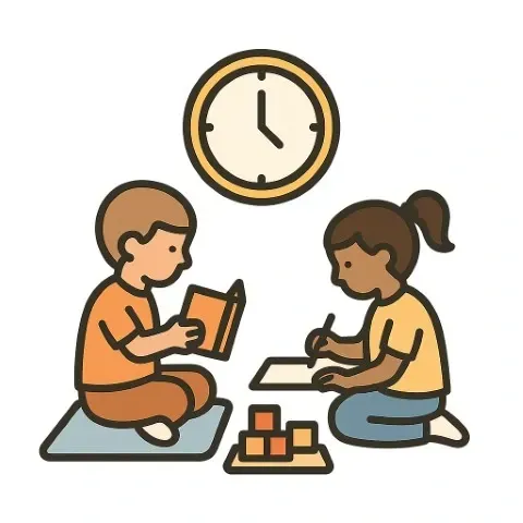 Montessori before and after school care in Winnipeg with two children engaged in quiet, supervised activities under a clock.