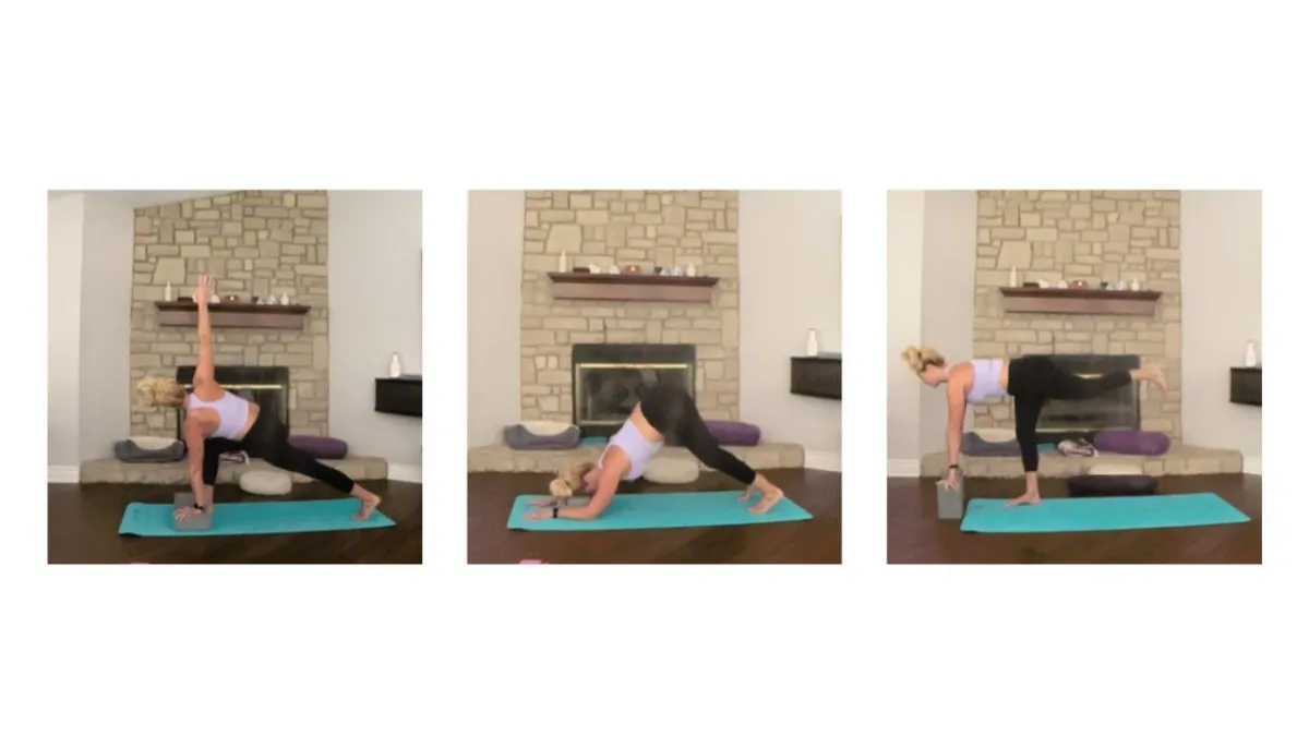 yoga instructor, Jennifer, in warrior 3, twisted lunge & dolphin pose