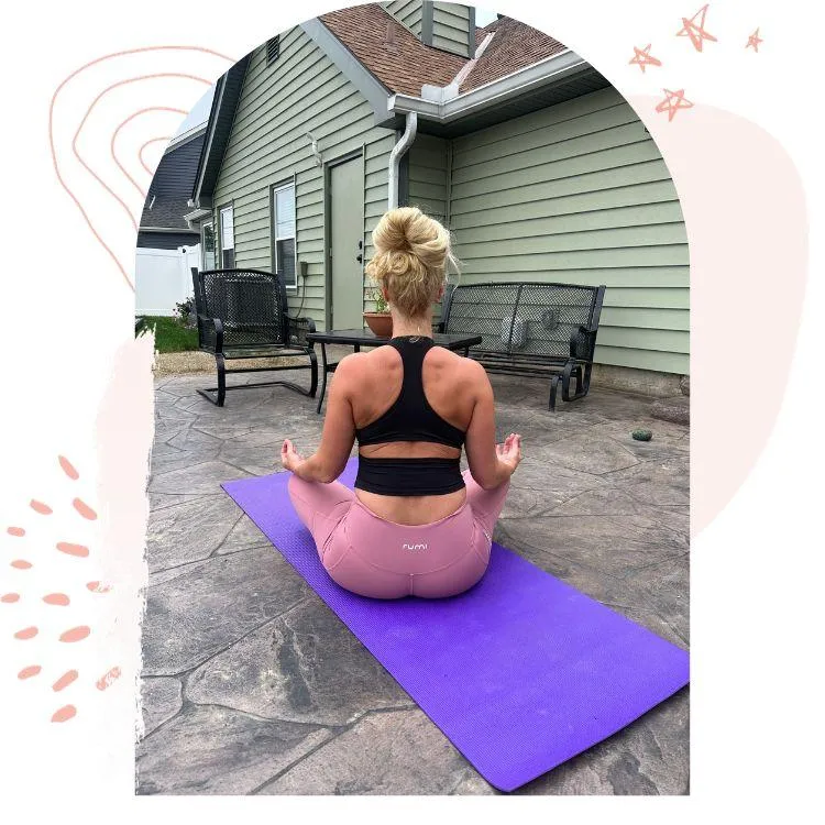 yoga instructor, Jennifer, in easy seat with gyan mudra
