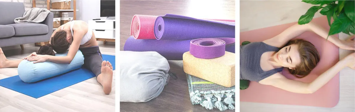 yin version of wide leg forward fold yoga pose, savasana pose, yoga mats & props