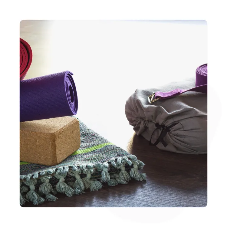 yoga mat, blocks, blanket & strap