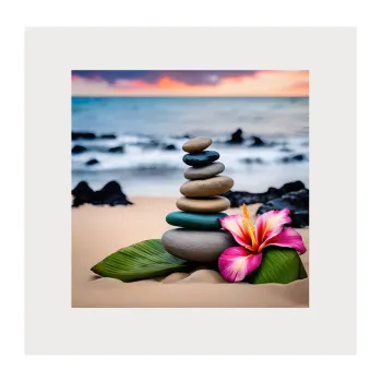 stacked rocks on a beach with a flower