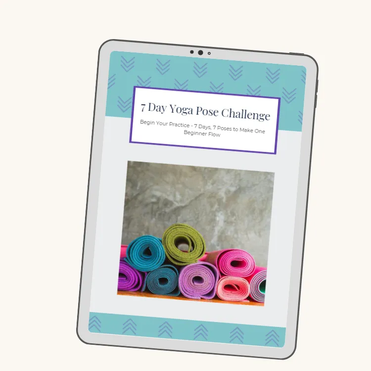 A downloadable yoga guide displayed on a tablet, promoting beginner-friendly poses and flows.