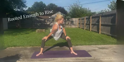woman in yoga goddess position with a shoulder drop