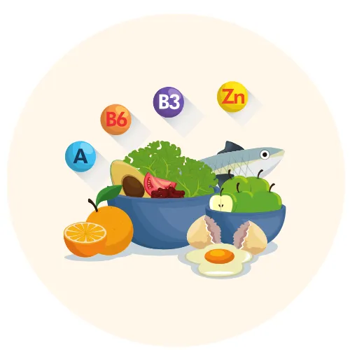 Image of healthy foods alongside key vitamins and minerals—highlighting essential nutrients for hormone balance, energy, and overall health during perimenopause.
