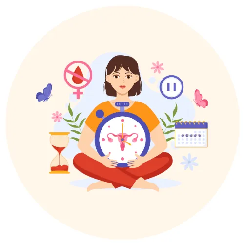 Illustration of a woman holding a clock with a uterus inside, surrounded by symbols of women’s health—representing the hormonal shifts and timing of perimenopause.