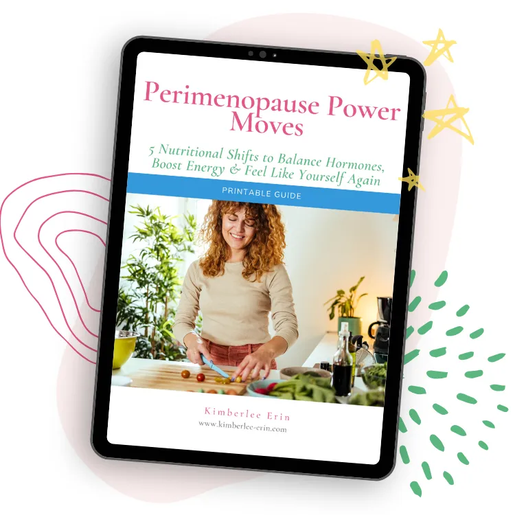 Cover image for Perimenopause Power Moves guide showing a woman journaling about menopause—symbolizing reflection, empowerment, and taking control of hormonal health.