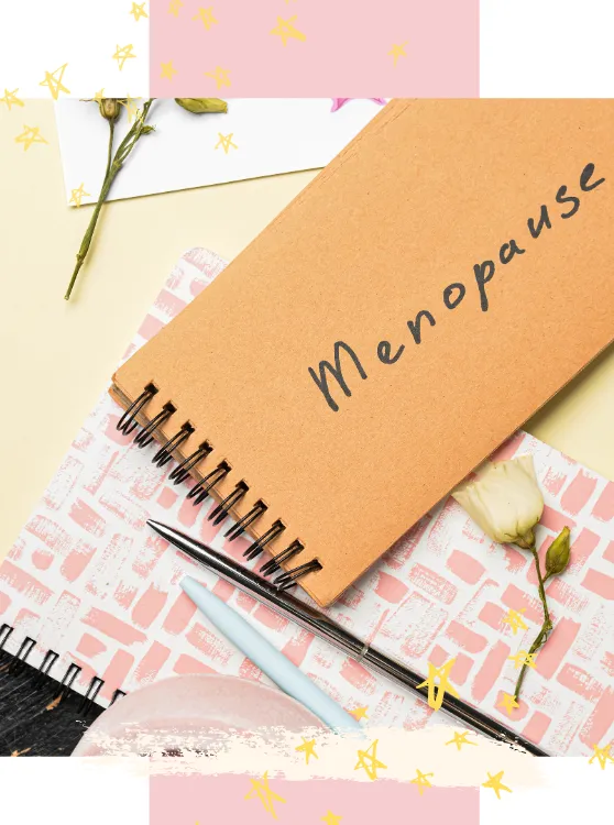Menopause journal notebook on a table—symbolizing hormone health, perimenopause support, emotional wellness, and self-care during midlife transitions.