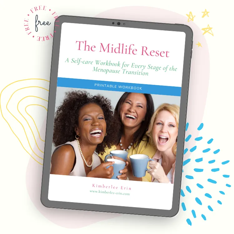 Cover of The Midlife Reset Workbook featuring three happy midlife women, symbolizing support, empowerment, and self-care for all stages of menopause. 