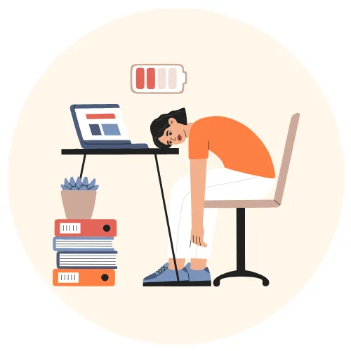 Exhausted woman resting head on desk with battery symbol – midlife energy drain visual