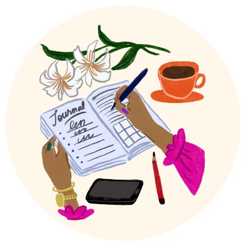 Midlife woman journaling with coffee and flowers – self-care and menopause mindfulness