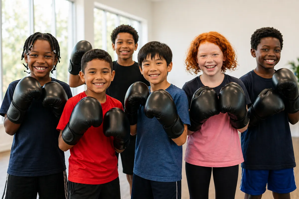 Coach training a kid in boxing technique