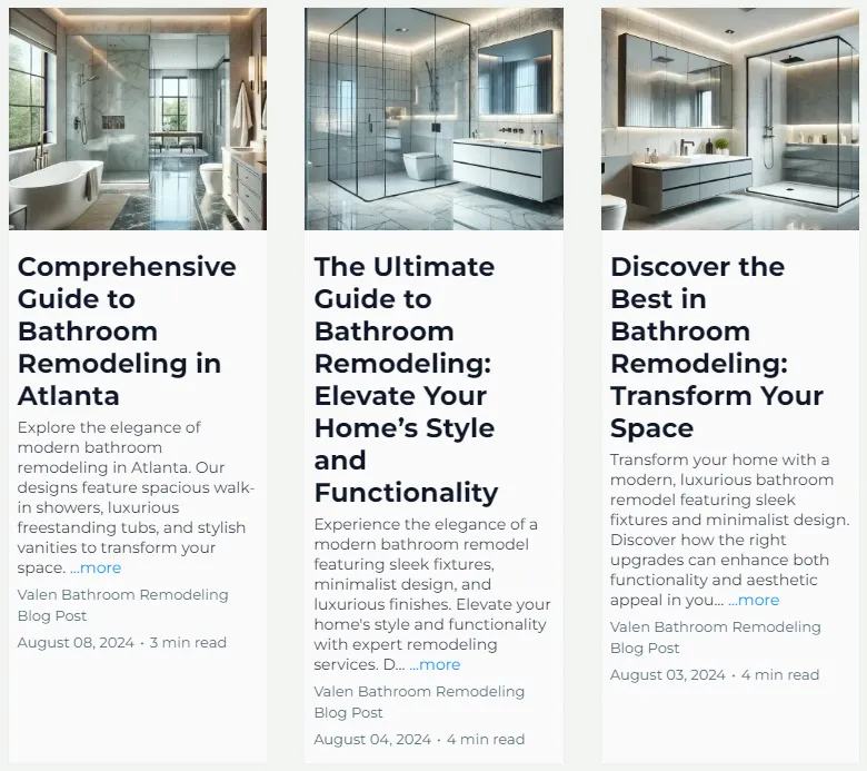 a screenshot of articles/blog posts regarding Bathroom Remodeling on Valen Bathroom Remodeling's website.